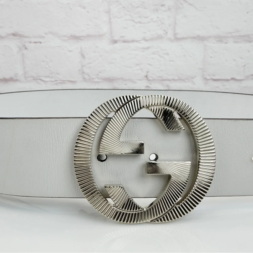 Gucci Etched Gg Buckle White Wide Leather Belt Marmont 232849 80/32 - Picture 2 of 10